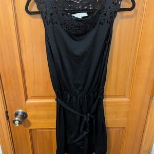 LOFT Black Crochet Yoke Tie-Waist Mini Dress